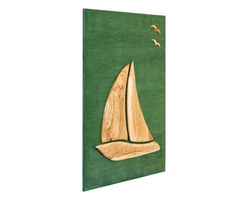 Olive Wood Sailboat, Modern Wall Decor, Green Wooden Background, Design A Large 2