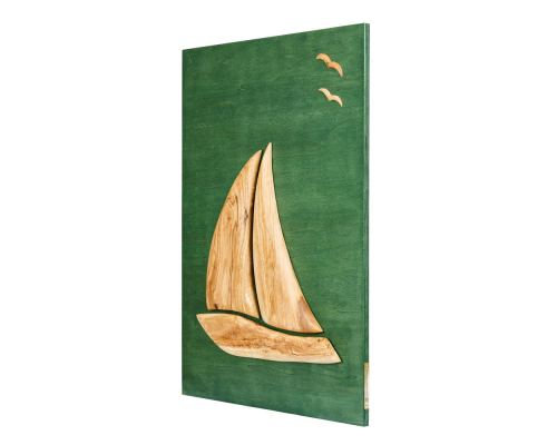 Olive Wood Sailboat, Modern Wall Decor, Green Wooden Background, Design A Large 3