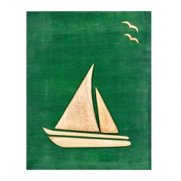 Olive Wood Sailboat, Modern Wall Decor, Green Wooden Background, Design B, 55x70cm