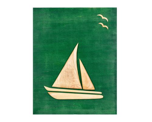 Olive Wood Sailboat, Modern Wall Decor, Green Wooden Background, Design B, 55x70cm