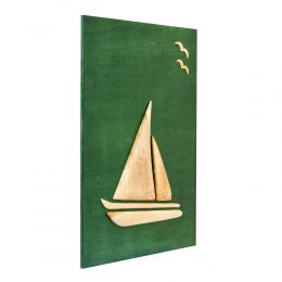 Olive Wood Sailboat, Modern Wall Decor, Green Wooden Background, Design B Large 2