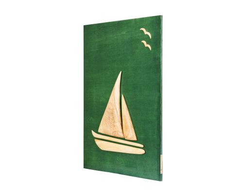 Olive Wood Sailboat, Modern Wall Decor, Green Wooden Background, Design B Large 2