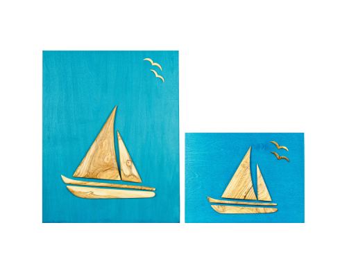 Olive Wood Sailboat, Modern Wall Decor, Blue Wooden Background, Design B Sizes