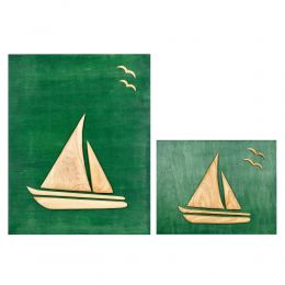 Olive Wood Sailboat, Modern Wall Decor, Green Wooden Background, Design Sizes