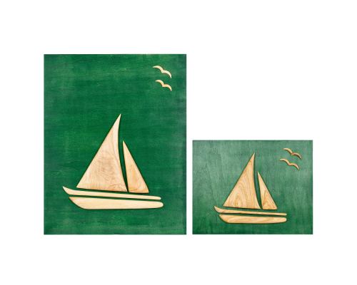 Olive Wood Sailboat, Modern Wall Decor, Green Wooden Background, Design Sizes