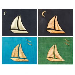 Olive Wood Sailboat, Modern Wall Decor, Blue Wooden Background, Design A Colors