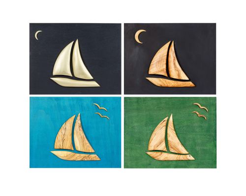 Olive Wood Sailboat, Modern Wall Decor, Blue Wooden Background, Design A Colors