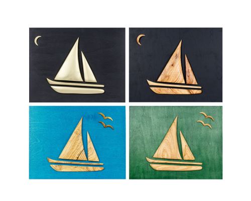 Olive Wood Sailboat, Modern Wall Decor, Wooden Background, Design Β Colors