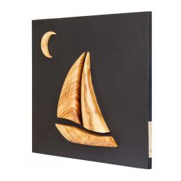 Olive Wood Sailboat, Modern Wall Decor, Black Wooden Background, Design A 4