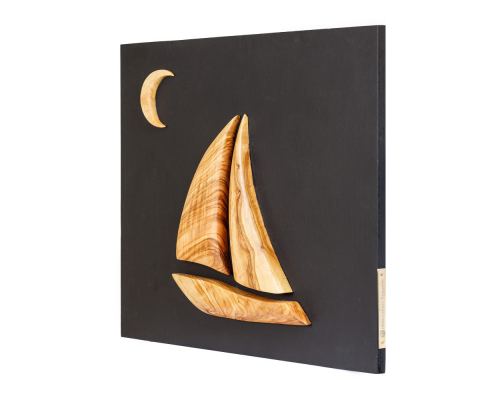 Olive Wood Sailboat, Modern Wall Decor, Black Wooden Background, Design A 4