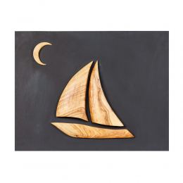 Olive Wood Sailboat, Modern Wall Decor, Black Wooden Background, Design A 45x35cm