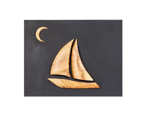 Olive Wood Sailboat, Modern Wall Decor, Black Wooden Background, Design A 45x35cm