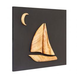 Olive Wood Sailboat, Modern Wall Decor, Black Wooden Background, Design A 2