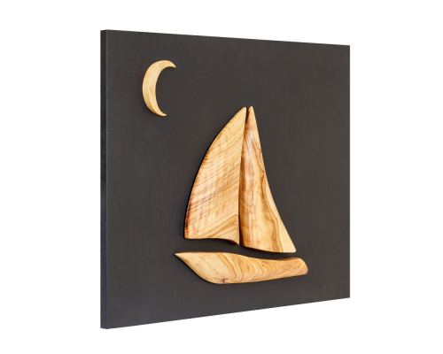 Olive Wood Sailboat, Modern Wall Decor, Black Wooden Background, Design A 2