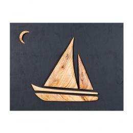 Olive Wood Sailboat, Modern Wall Decor, Black Wooden Background, Design B 45x35cm