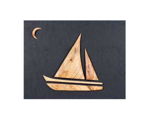 Olive Wood Sailboat, Modern Wall Decor, Black Wooden Background, Design B 45x35cm