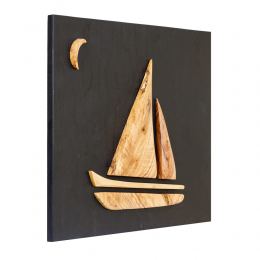 Olive Wood Sailboat, Modern Wall Decor, Black Wooden Background, Design B 2