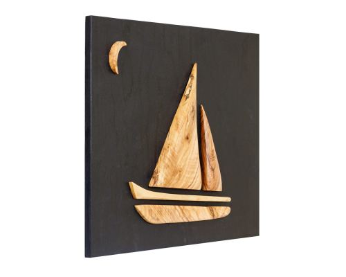 Olive Wood Sailboat, Modern Wall Decor, Black Wooden Background, Design B 2