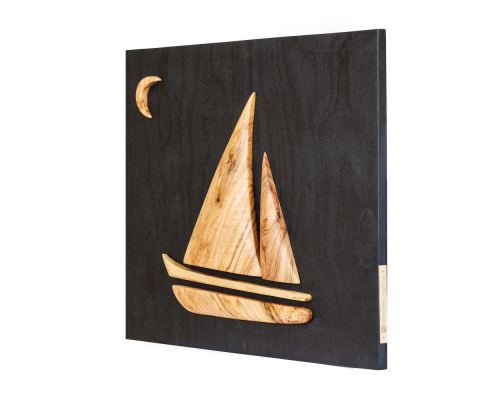 Olive Wood Sailboat, Modern Wall Decor, Black Wooden Background, Design B 3