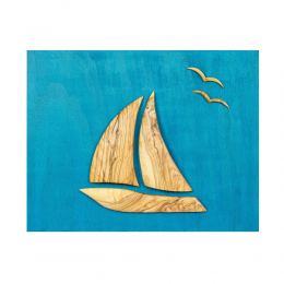 Olive Wood Sailboat, Modern Wall Decor, Blue Wooden Background, Design A 45x35cm