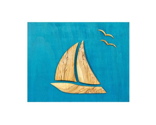 Olive Wood Sailboat, Modern Wall Decor, Blue Wooden Background, Design A 45x35cm