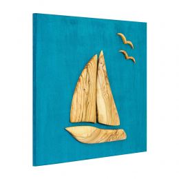 Olive Wood Sailboat, Modern Wall Decor, Blue Wooden Background, Design A 4