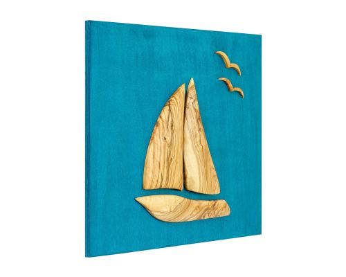 Olive Wood Sailboat, Modern Wall Decor, Blue Wooden Background, Design A 4