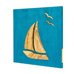 Olive Wood Sailboat, Modern Wall Decor, Blue Wooden Background, Design A 2