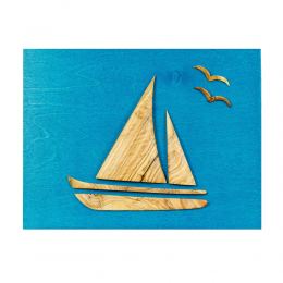 Olive Wood Sailboat, Modern Wall Decor, Blue Wooden Background, Design B 45x35cm