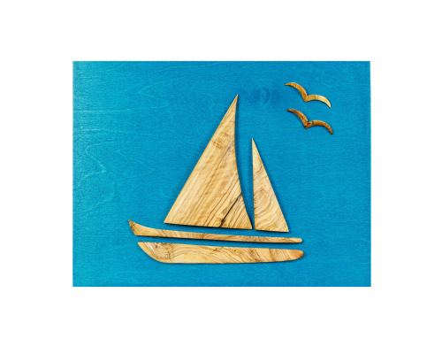 Olive Wood Sailboat, Modern Wall Decor, Blue Wooden Background, Design B 45x35cm