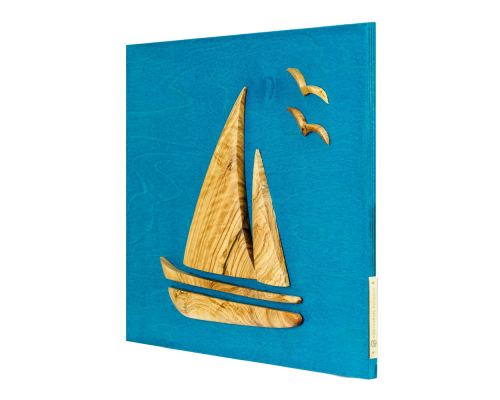 Olive Wood Sailboat, Modern Wall Decor, Blue Wooden Background, Design B 3