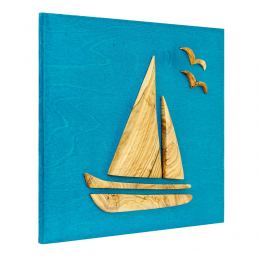 Olive Wood Sailboat, Modern Wall Decor, Blue Wooden Background, Design B 2