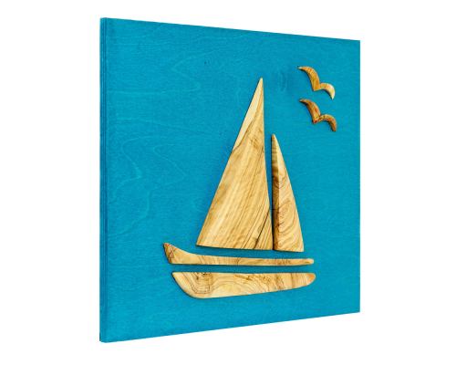 Olive Wood Sailboat, Modern Wall Decor, Blue Wooden Background, Design B 2