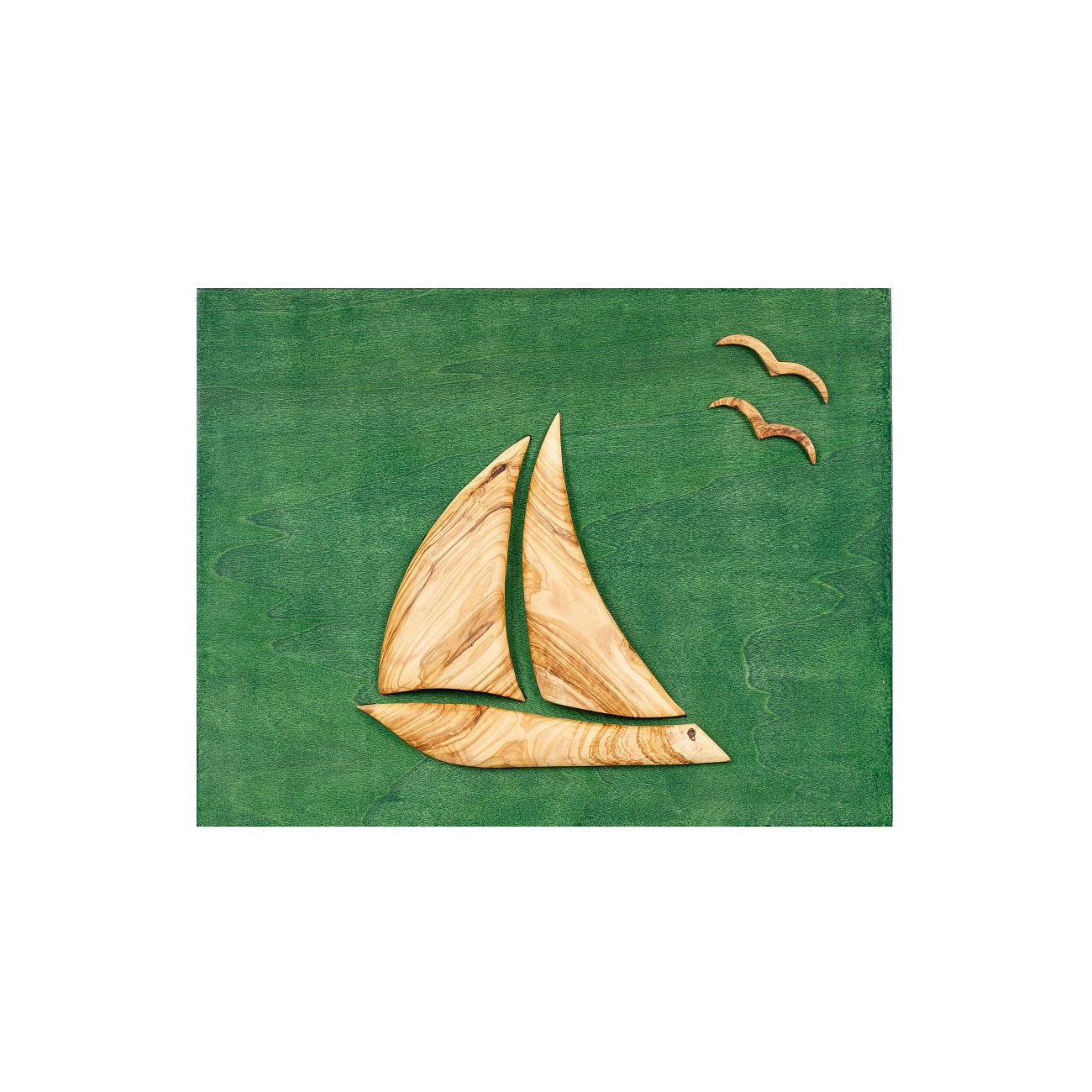 Olive Wood Sailboat, Handmade Modern Wall Decor, Green Wooden Background,  Design A, 45x35cm. Ideal Decoration Gift.