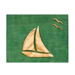 Olive Wood Sailboat, Modern Wall Decor, Green Wooden Background, Design A 45x35cm