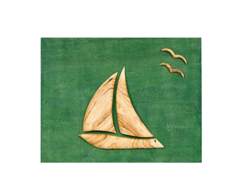 Olive Wood Sailboat, Modern Wall Decor, Green Wooden Background, Design A 45x35cm