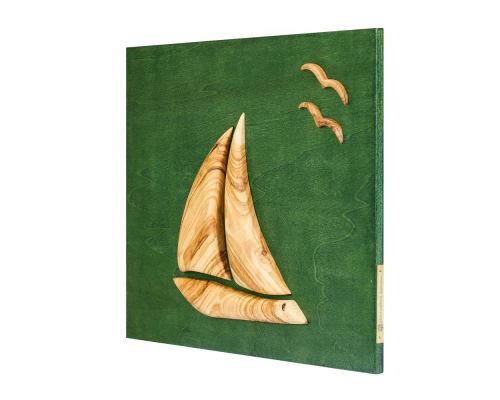 Olive Wood Sailboat, Modern Wall Decor, Green Wooden Background, Design A 4