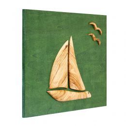 Olive Wood Sailboat, Modern Wall Decor, Green Wooden Background, Design A 2