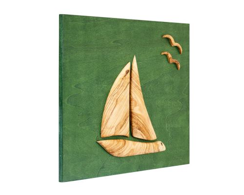 Olive Wood Sailboat, Modern Wall Decor, Green Wooden Background, Design A 2