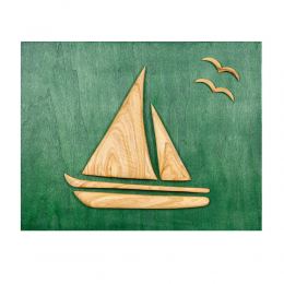 Olive Wood Sailboat, Modern Wall Decor, Green Wooden Background, Design B 45x35cm