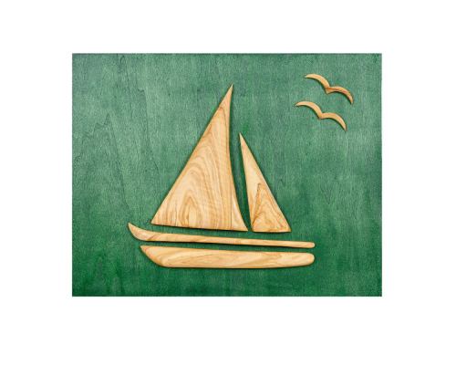 Olive Wood Sailboat, Modern Wall Decor, Green Wooden Background, Design B 45x35cm