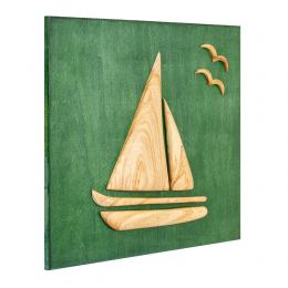 Olive Wood Sailboat, Modern Wall Decor, Green Wooden Background, Design B 2