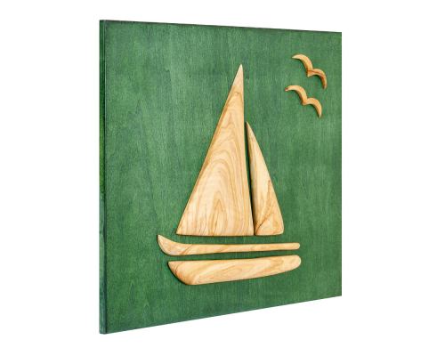 Olive Wood Sailboat, Modern Wall Decor, Green Wooden Background, Design B 2