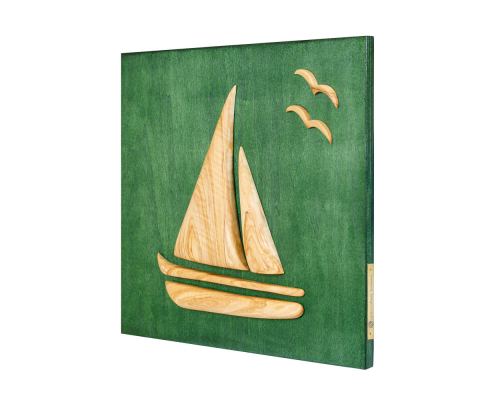 Olive Wood Sailboat, Modern Wall Decor, Green Wooden Background, Design B 4