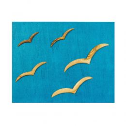 Olive Wood Flying Seagulls Modern Wall Decor, Blue Wooden Background, 45x35cm