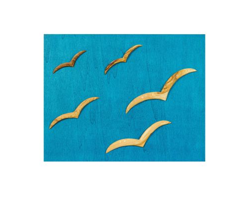 Olive Wood Flying Seagulls Modern Wall Decor, Blue Wooden Background, 45x35cm