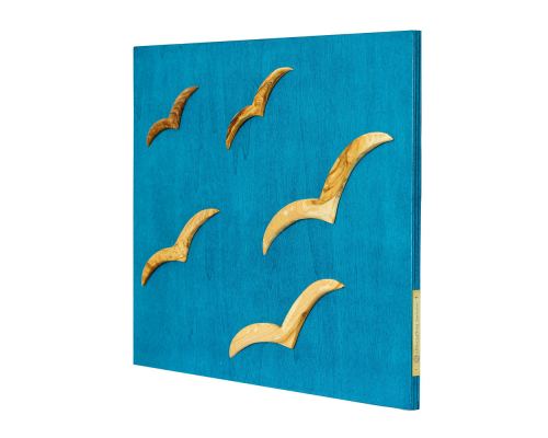 Olive Wood Flying Seagulls Modern Wall Decor, Blue Wooden Background 3