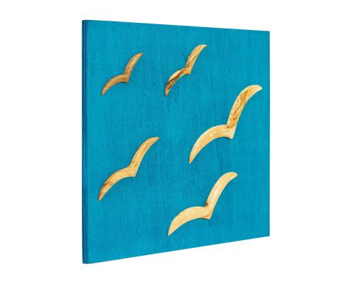 Olive Wood Flying Seagulls Modern Wall Decor, Blue Wooden Background 2