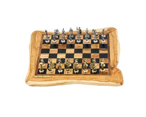 Olive Wood Handmade Premium Quality Rustic Style Chess Set, Metallic Chess Pieces, 42x42cm