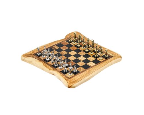 Olive Wood Handmade Premium Quality Rustic Style Chess Set, Metallic Chess Pieces 6